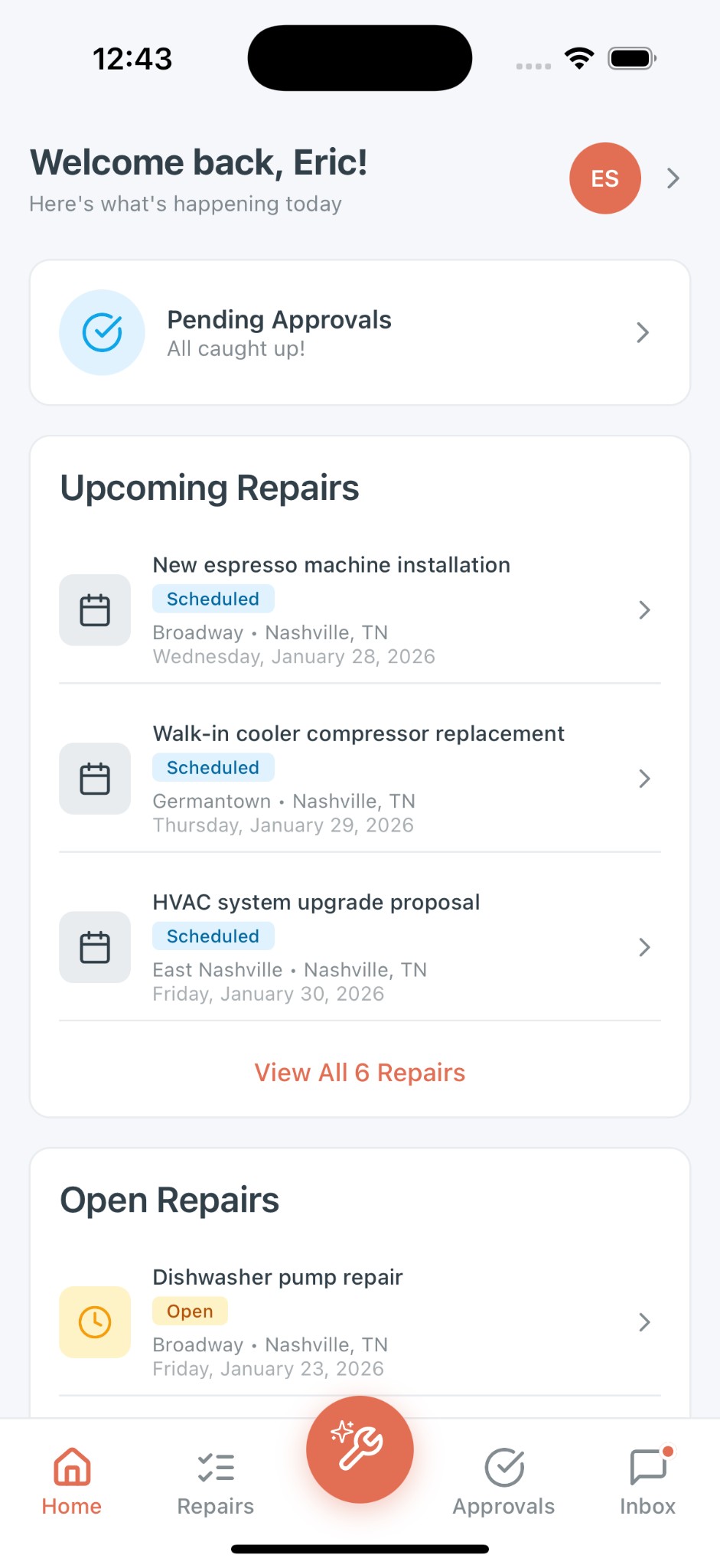 OneTap mobile app showing upcoming repairs and approvals